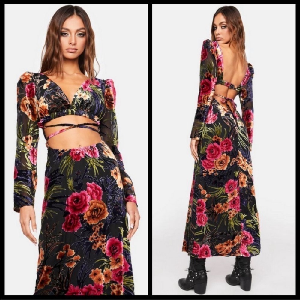 We Wore What Black Burnout Dark Floral Maxi Dress Cut Outs Size Large